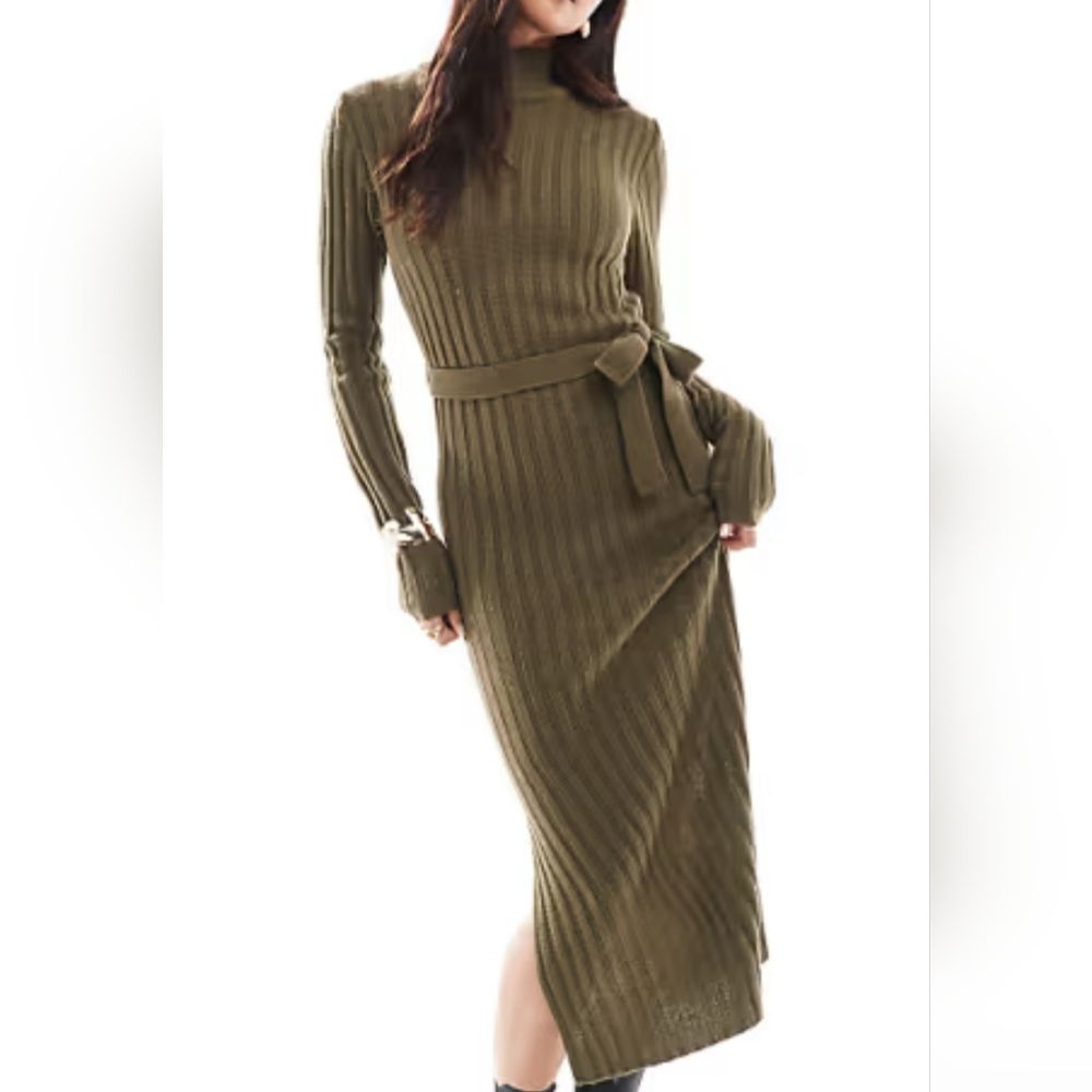 NWT. Fab'rik (Lumiere) James Turtleneck Olive Ribbed Long Sleeve Sweater Dress